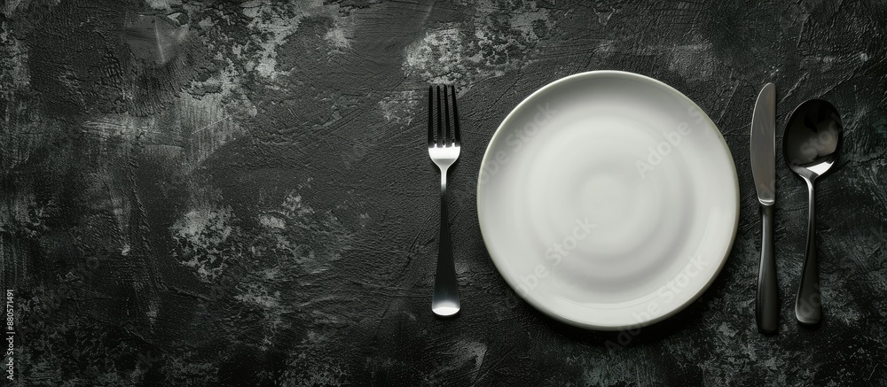 Aufkleber dinner preparation with cutlery on a dark textured concrete backdrop with an empty ceramic round pla