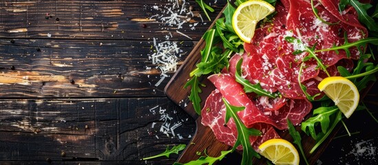 Top down view of marbled beef carpaccio with arugula lemon and parmesan cheese on a wooden table with a clear space for adding an image. copy space available