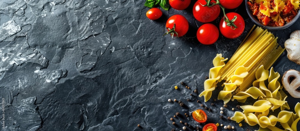 Poster italian pasta ingredients displayed on a black stone slate surface with room for text banner featuri