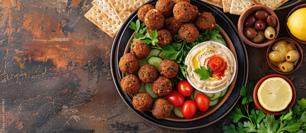 Poster Top view of a falafel platter displayed with hummus olives crackers and vegetables demonstrating a mindful vegan food idea in a copy space image