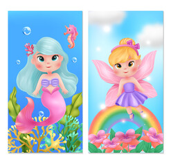 Cute mythical creatures banners in flat style