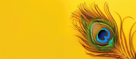 Obraz premium Vibrant summer vibes showcased with a peacock feather on a bright yellow background in a copy space image evoking the essence of summer holidays
