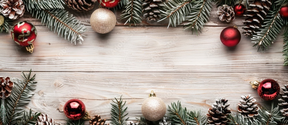 Leinwandbilder a festive christmas arrangement featuring fir branches ornaments on a pale wooden backdrop creating 