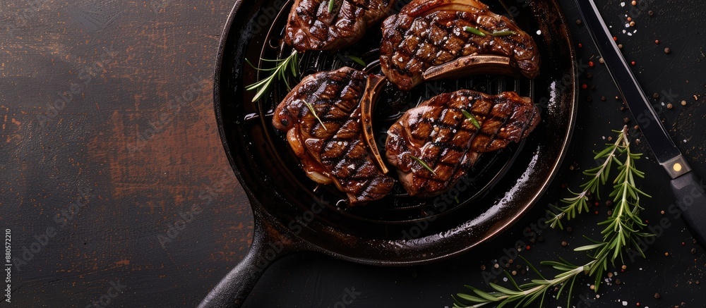 Poster rib eye steaks grilling on a pan with a background of copy space image