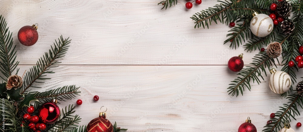 Leinwandbilder a festive christmas arrangement featuring fir branches ornaments on a pale wooden backdrop creating 