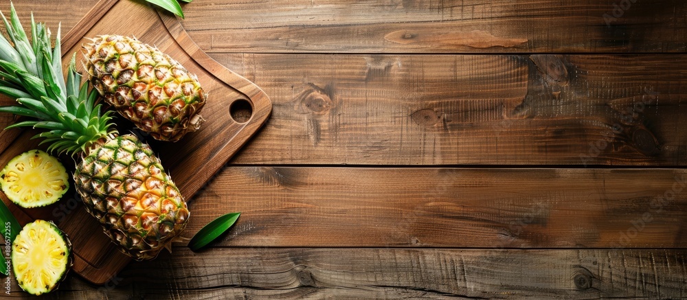 Poster Pineapple on a cutting board displayed on a wooden table with ample copy space image
