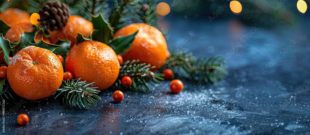 Poster winter themed background featuring tangerines a fir branch wreath and selective focus for copy space