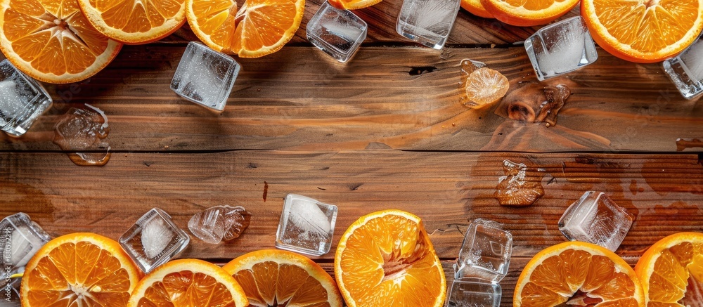 Poster oranges and ice chunks arranged on a wooden surface with copy space image