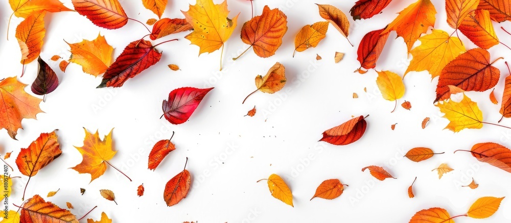 Poster top view of multicolored autumn leaves isolated on a white background with a falling orange leaf and