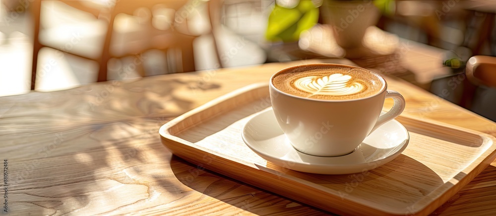 Poster cappuccino coffee cup with latte art on a wooden tray displayed on a cafe table ideal as a copy spac