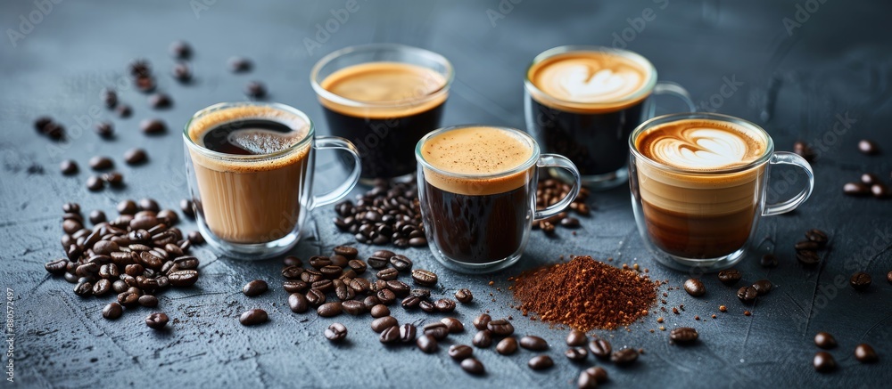Poster morning coffee options like espresso or americano with a backdrop of various coffee grains on the ta