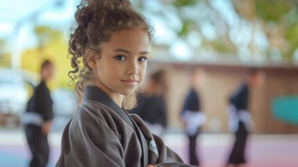 Girl in martial arts gi posing in a dojo. Breaking Gender Stereotypes.