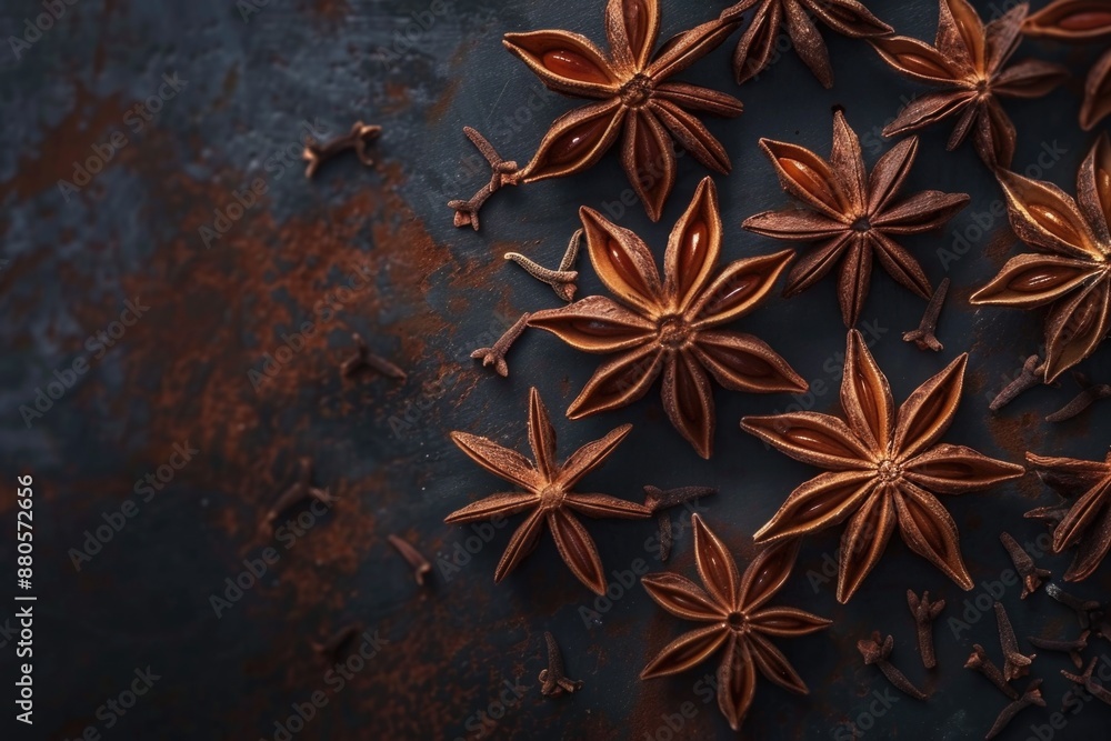 Poster a bunch of star anise spices arranged neatly on a table surface