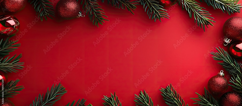 Aufkleber Top view table top frame with pine branches red paper texture and Christmas baubles creating a festive background for a greeting card with copy space image