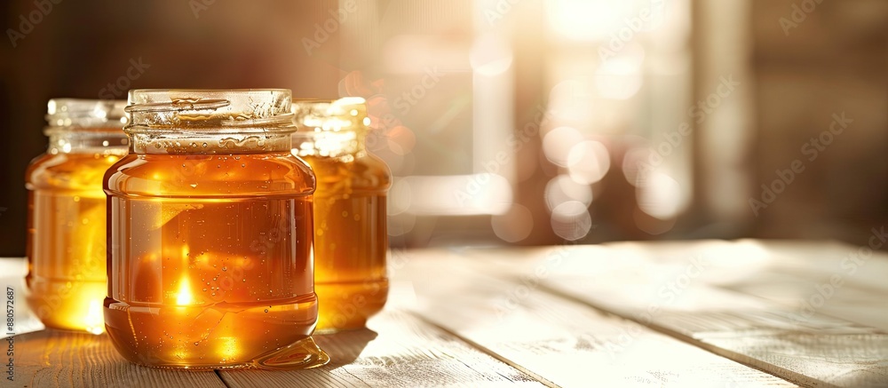Aufkleber Glass jars filled with fragrant honey displayed on a table with a light wall in the background perfect for a copy space image