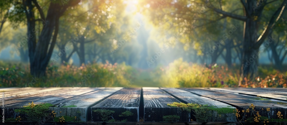 Poster blurry nature background with a table top perfect for adding text or graphics with copy space image