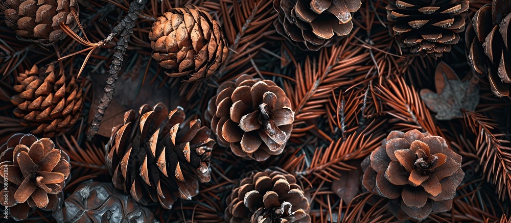 Poster Pinecones resting on a bed of pine needles creating a natural backdrop for a copy space image