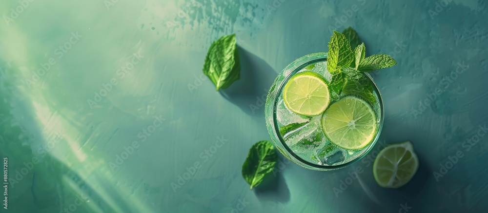 Poster An aerial view of a refreshing mojito cocktail with rum lime soda and mint as a garnish in a copy space image