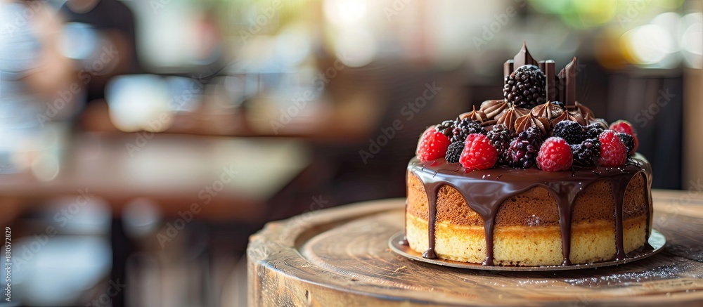 Poster sponge cake topped with chocolate displayed on a wooden table with copy space image