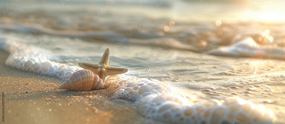 Poster a serene beach scene with seashells a starfish and a lovely copy space image