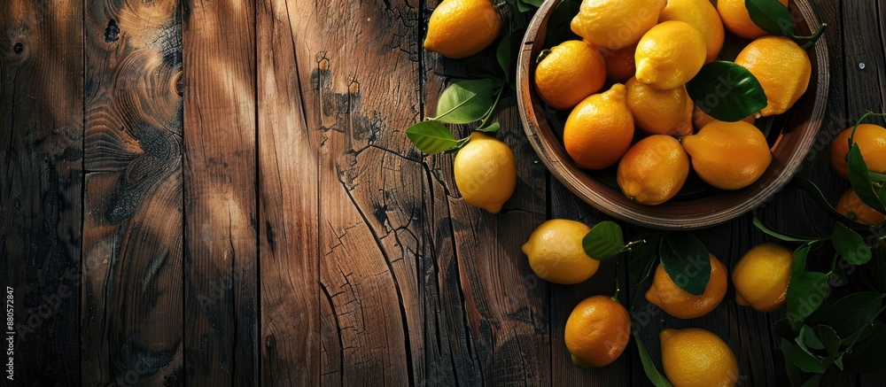 Poster wooden table with a copy space image of lemons