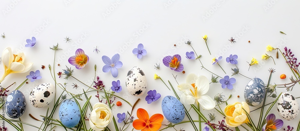 Poster easter eggs crocuses and other spring flowers on a white background with copy space image perfect fo