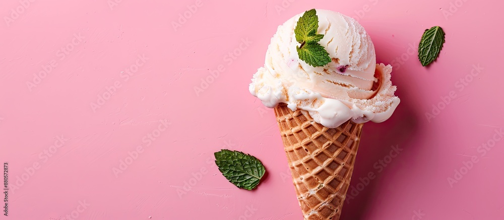 Poster Pink background sets the stage for a flat composition featuring a vanilla ice cream cone adorned with mint creating an inviting copy space image