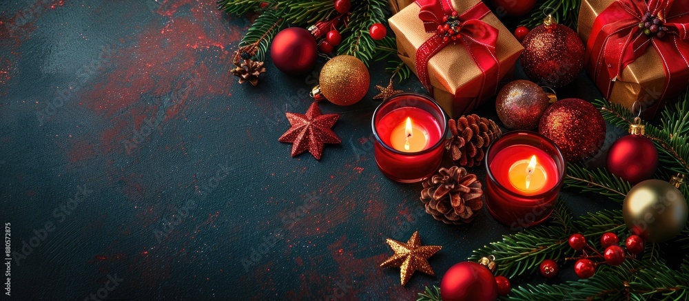 Poster a festive arrangement of christmas gifts a decorated tree with candles and colorful ornaments like s