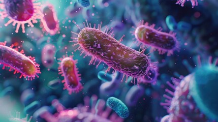 Naklejka premium Microbiome Research: Explores the complex interactions between microorganisms and human health, advancing therapies for digestive disorders and mental well-being. 