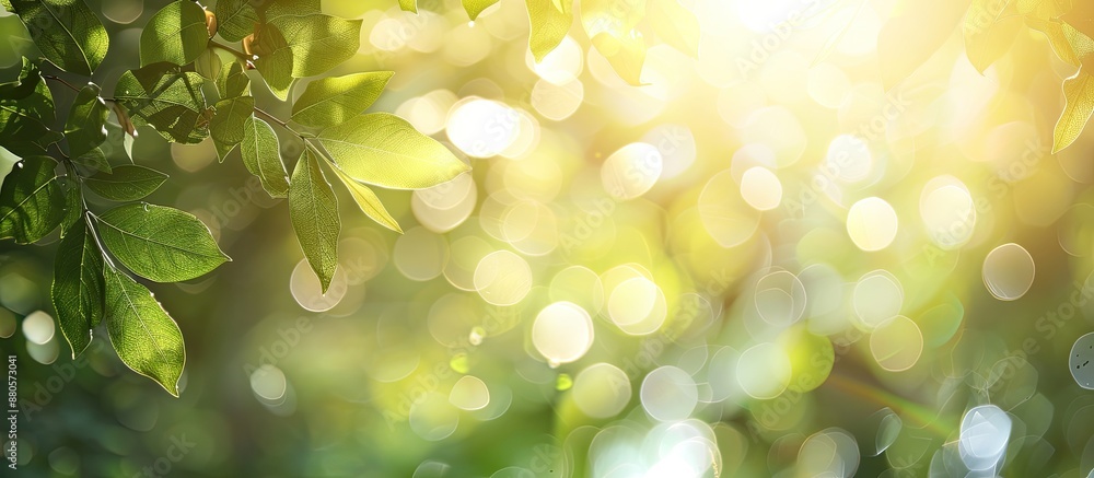 Poster abstract blurry foliage and bright summer sunlight create bokeh background for copy space image