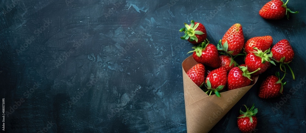 Poster Fresh red strawberries arranged on a paper cone against a dark background creating a stylish copy space image