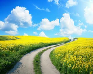 Obraz premium Picturesque countryside road with rapeseed flower fields under spring sky st blade style