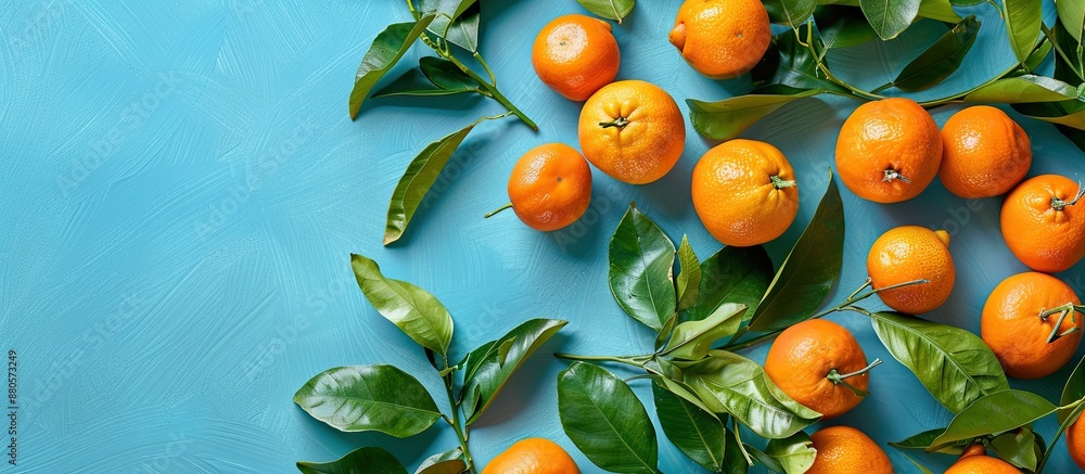 Poster Tangerines and leaves on colorful background in a flat lay setting with copy space image for text featuring citrus fruits