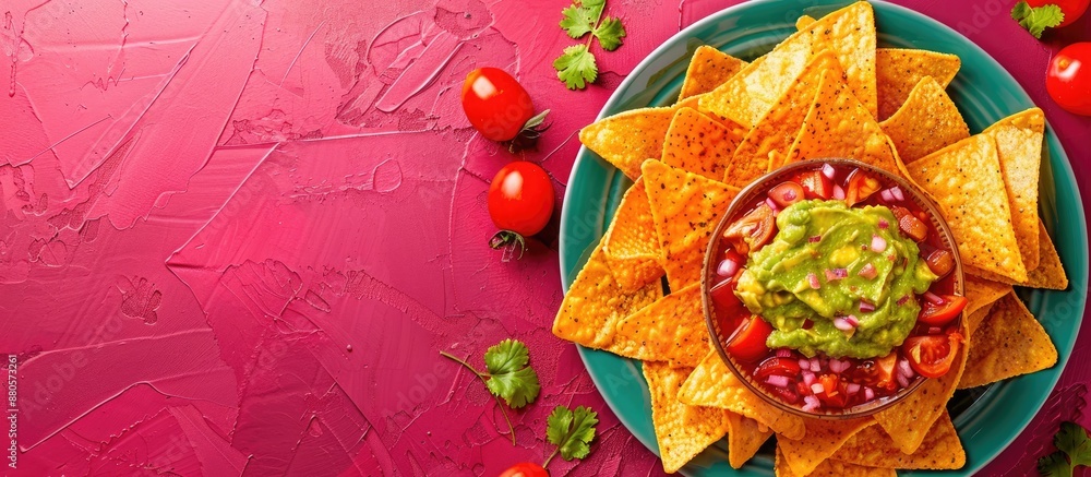 Poster Plate with delicious nachos and guacamole on a colorful background with empty space for text or other elements in the image. copy space available