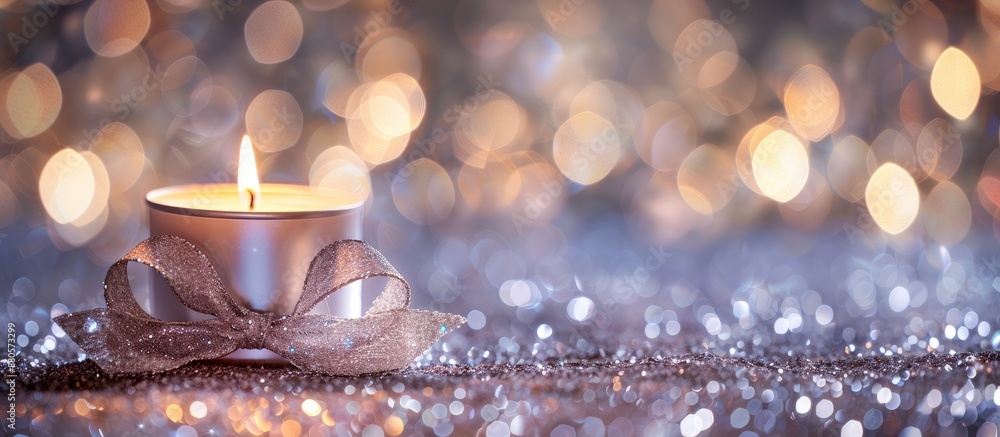 Aufkleber a silver candle for christmas and new year with a curly ribbon bow decoration placed on a glittering