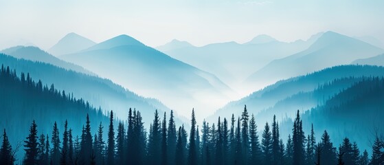 Obraz premium Majestic mountain landscape with misty forest and layered mountain peaks under a blue sky, perfect for nature and travel themes.