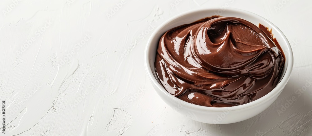 Poster A bowl of chocolate hazelnut spread on a white backdrop with copy space for text or design