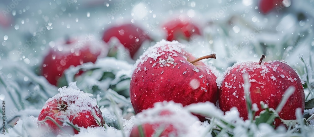 Aufkleber Fresh red apples harvested in the first snow set against a backdrop of white frost covered grass create a wintry holiday themed copy space image
