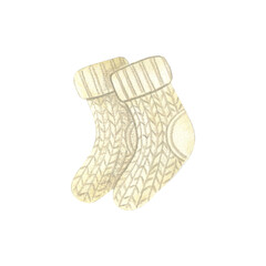 Watercolor cozy autumn illustration of white knitted socks. Hand painted element for handmade design.