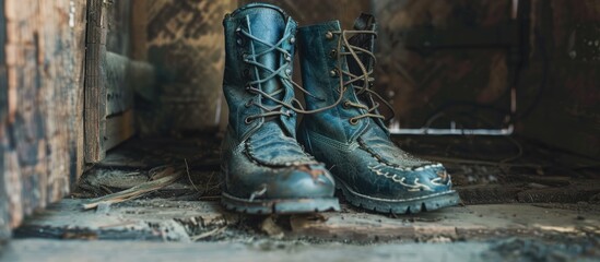 A worn pair of vintage blue leather boots with laces in a rustic setting suitable for a copy space image