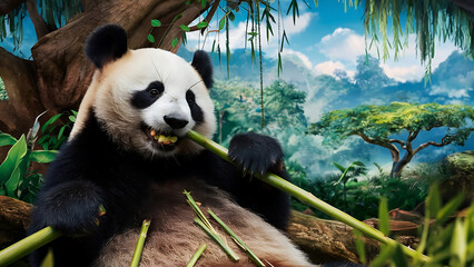 Obraz premium A Charming Photograph of a Lovable Panda Munching. Generative Ai