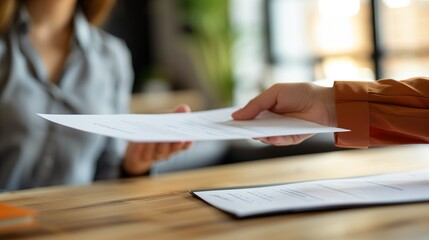 A close-up shot of a hand holding a 3 sheet of insurance paperwork, extending it toward a client across a desk, with a focus on the documents and the hand gesture, highlighting the process of handing