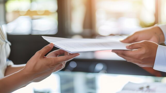 A close-up shot of a hand holding a few insurance paperwork, extending it toward a client across a desk, with a focus on the documents and the hand gesture, highlighting the process of handing over