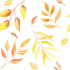 Boho gold leaves pattern seamless. Watercolor illustration of floral elements hand painted. Autumn dried plants in vintage colors on white background