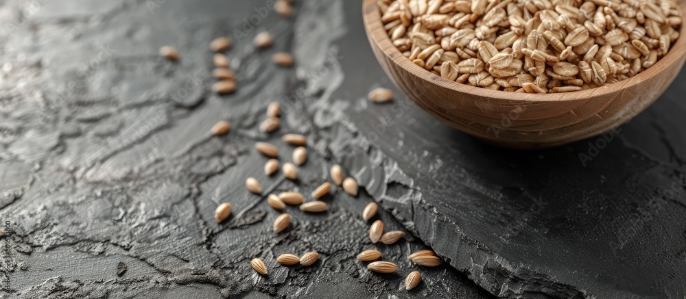 Poster ancient spelt cereal displayed on a dark grey stone table with selective focus for a copy space imag