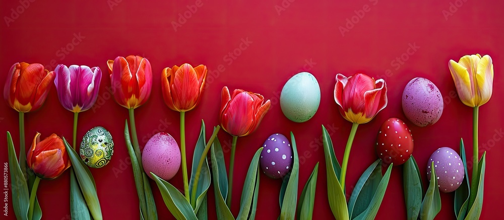 Aufkleber A row of tulips with Easter eggs against a red backdrop makes a festive copy space image