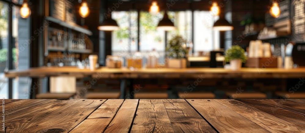Poster wooden table with copy space image in blurred coffee shop background ideal for product display