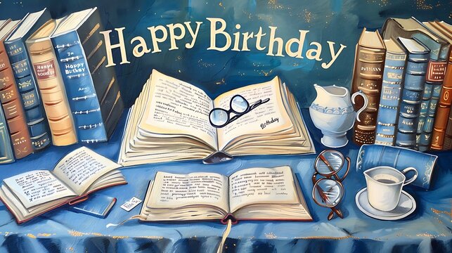 Literary Birthday Wishes - Happy Birthday in Bookish Font surrounded by Open Books and Reading Glasses for Book Lovers Celebration