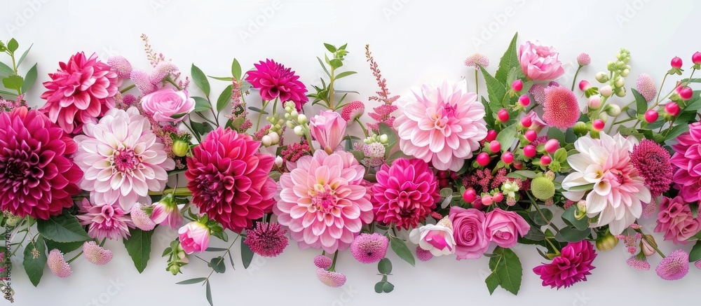Poster overhead view of a festive floral arrangement featuring pink fuchsia and dahlias on a white backgrou