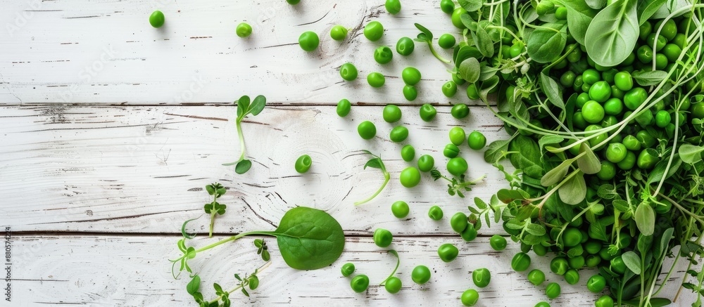Poster top view of a vegetarian green pea salad with microgreens and vegetables on a white wooden surface p